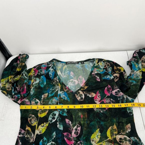 SnoSkins M Artsy Leaf Print Tunic Blouse V-Neck 3/4 Sleeve Textured Sheer USA - Picture 5 of 8